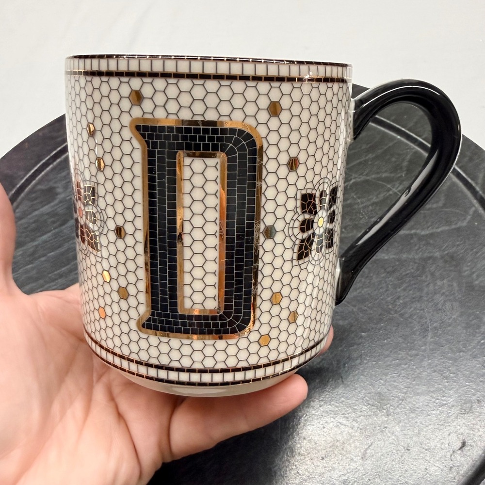 Anthropologie Bistro Tile Monogram Mug Letter D Black White Gold Mosaic Coffee